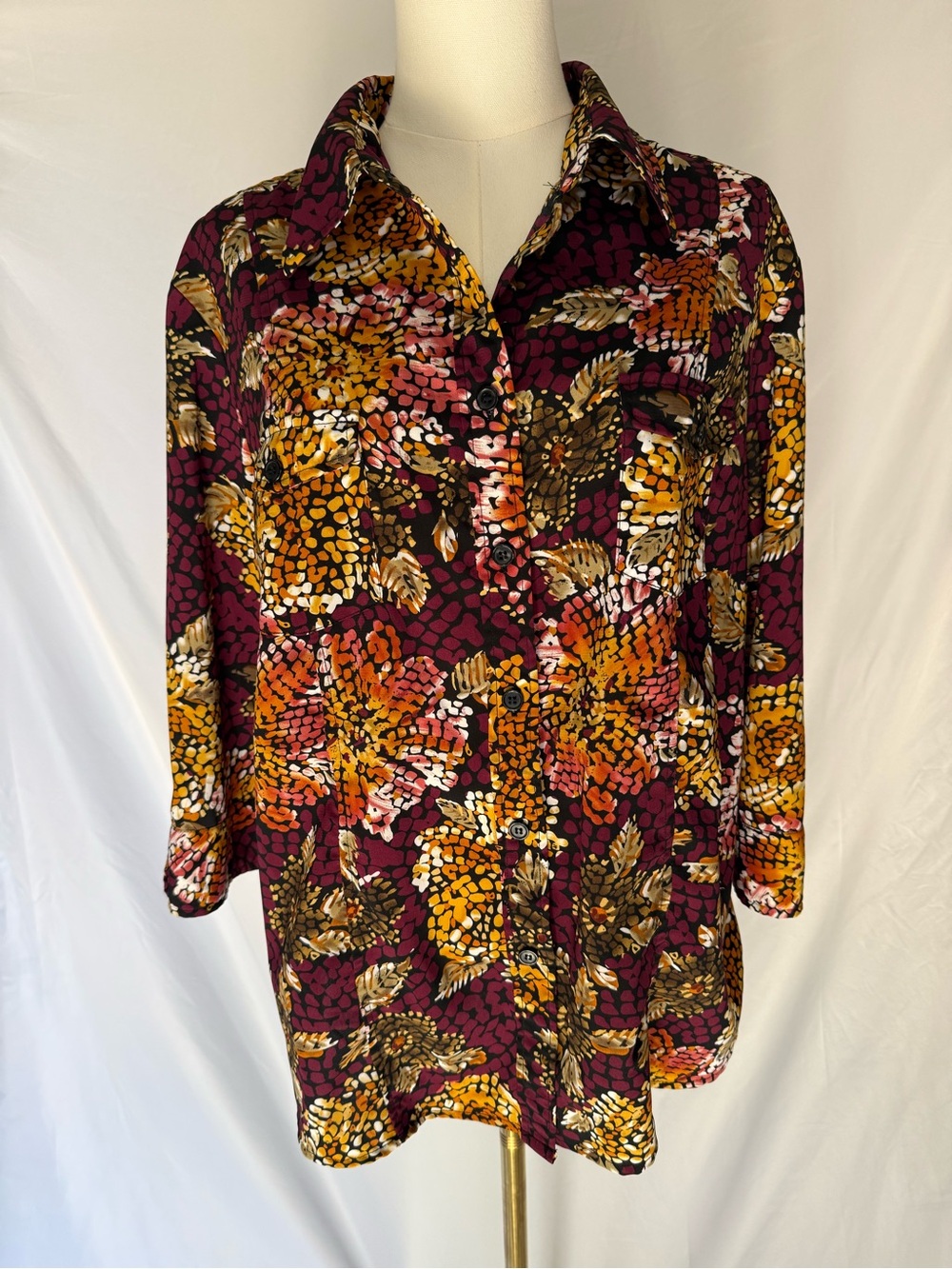 Sarah Bentley Mosaic Floral Print Roll Tab Sleeve Button Up Blouse XL Multicolor